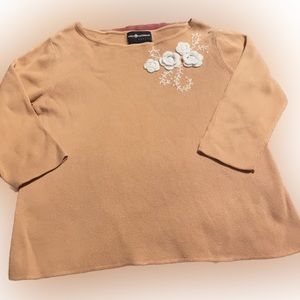 Sweater with crocheted flowers and beads